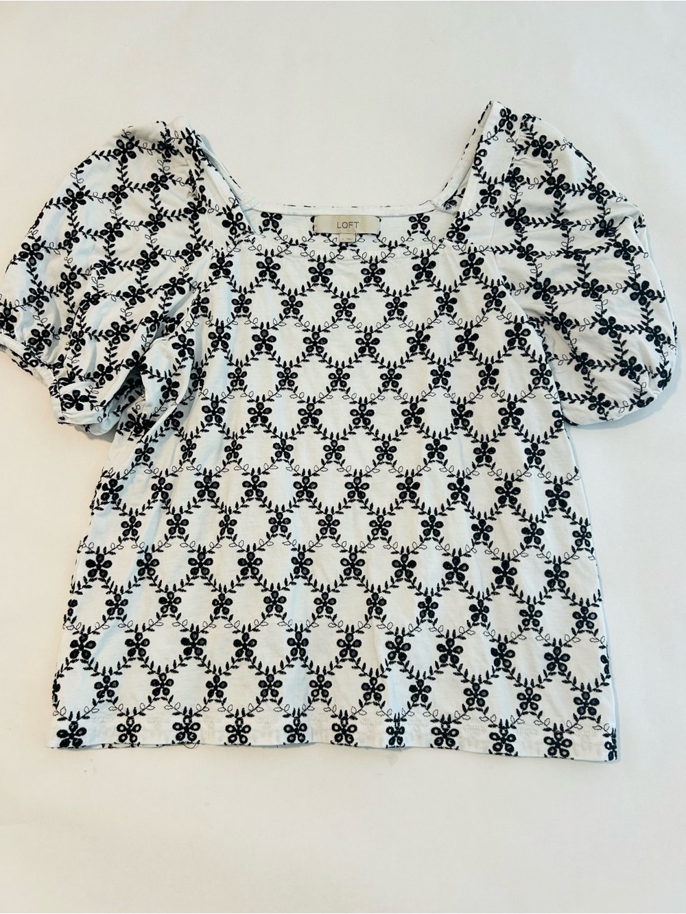 LOFT White Top with Black Embroidered Lattice Pattern and Puff Sleeves